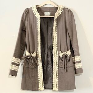 Lace Trim Coat Jacket Taupe Vintage Style Tie Waist Romantic Boho Small